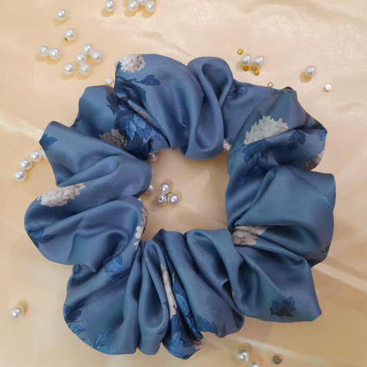 Slate blue floral satin scrunchie