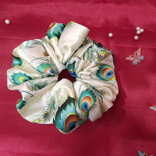 Peacock feather pattern satin scrunchie